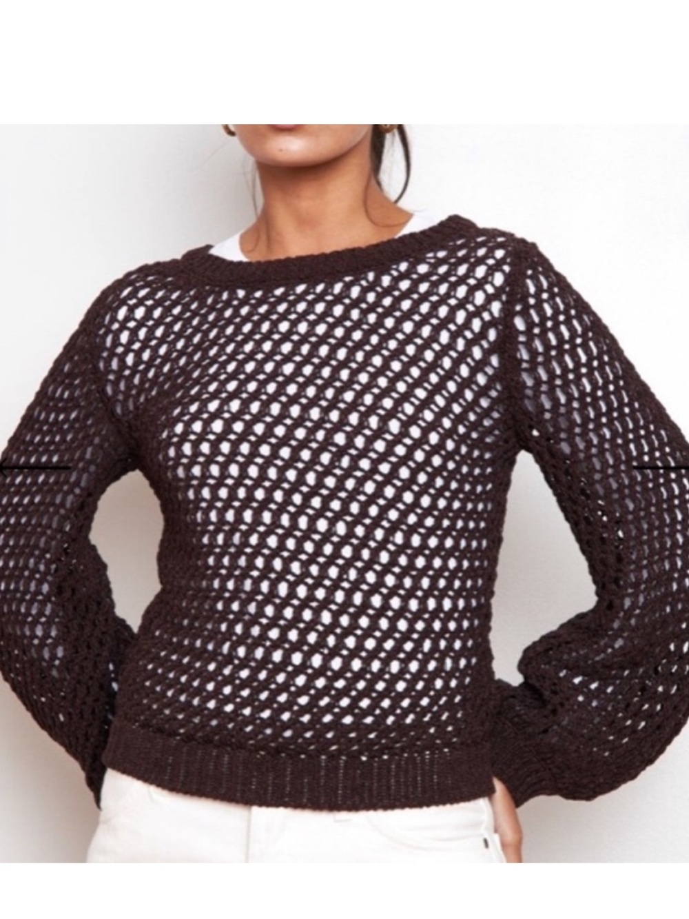 Theory Open-Knit Chocolate Brown Crewneck Sweater